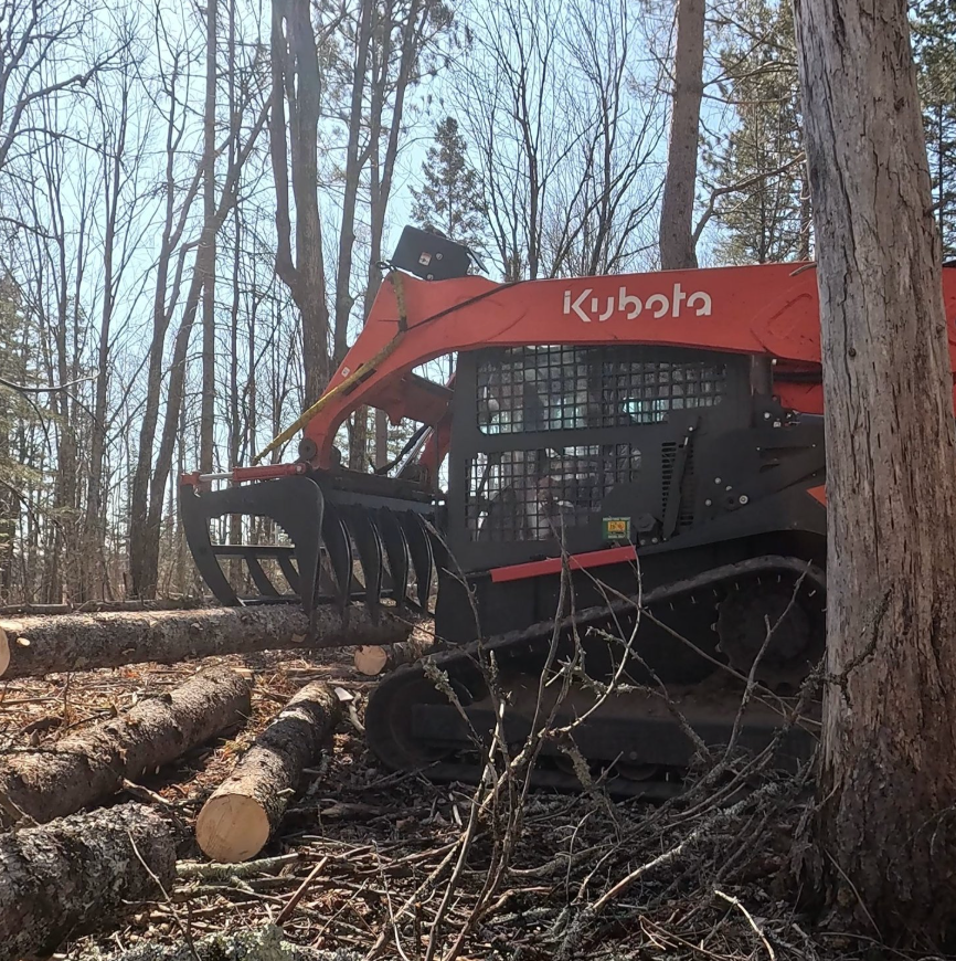 A kubota tractor is in the middle of a forest
