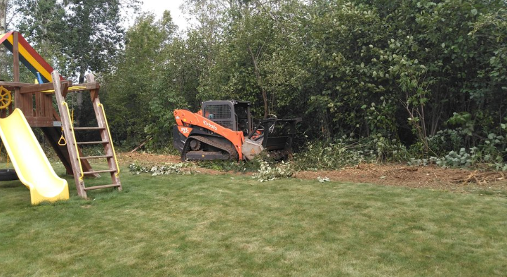 A playground with a slide and a bulldozer in the backyard.