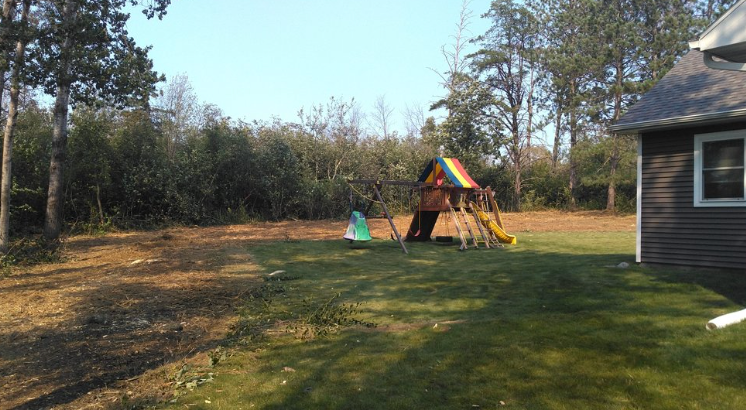 There is a playground in the backyard of a house.