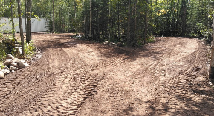 A dirt road in the middle of a forest with trees on both sides.