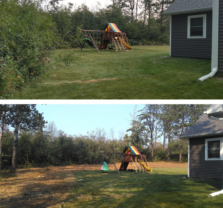 A before and after picture of a backyard with a swing set