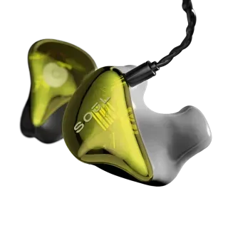 Green and gray in-ear monitors with black braided cable, angled view,