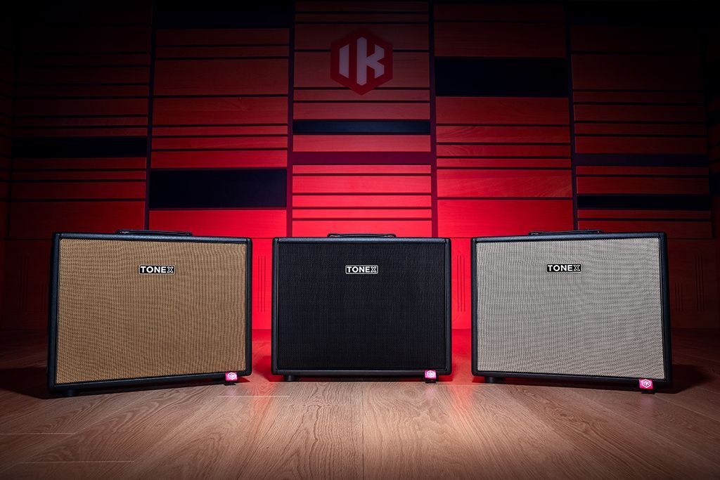 Three guitar TONEX amplifiers with colored speaker grills, set against a red geometric background.