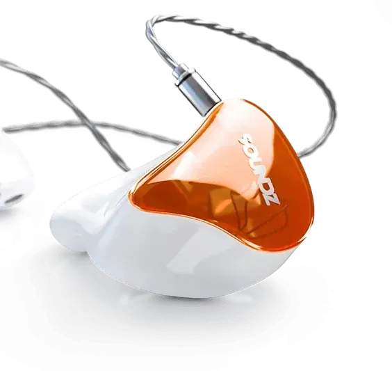 White and orange in-ear headphones with silver cable and