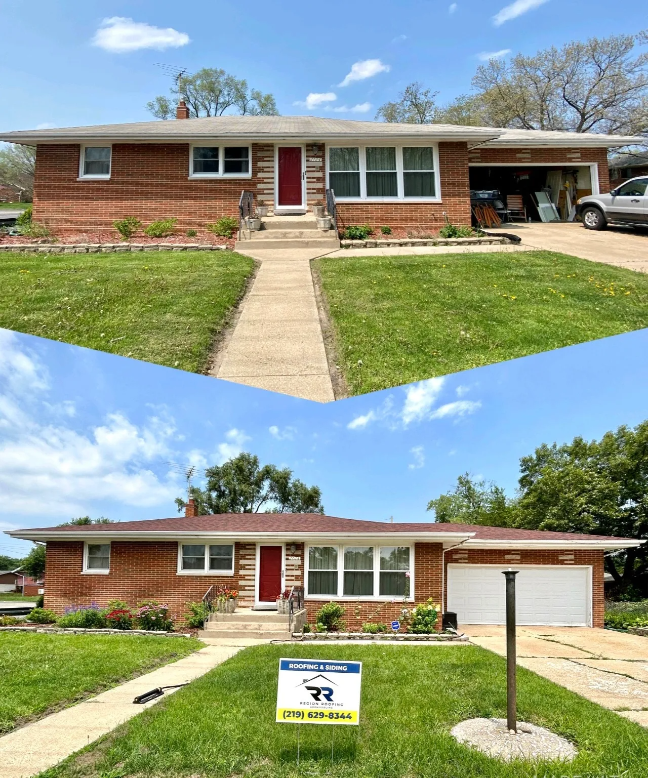 A before and after picture of a brick house with a for sale sign in front of it.