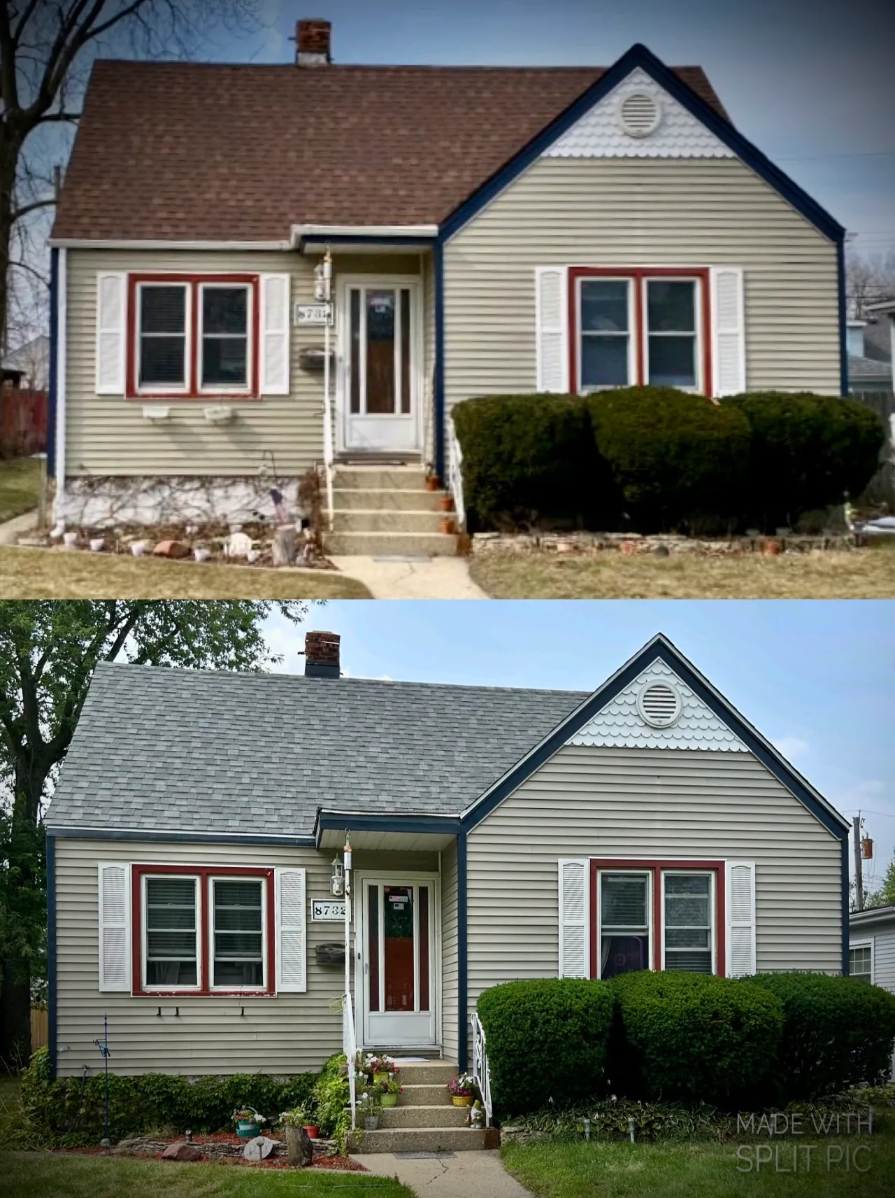A before and after picture of a house with shutters