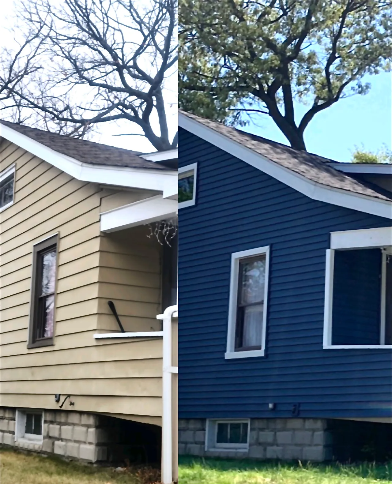 A picture of a house before and after being painted blue