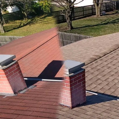 A before and after photo of a brick chimney on a roof.