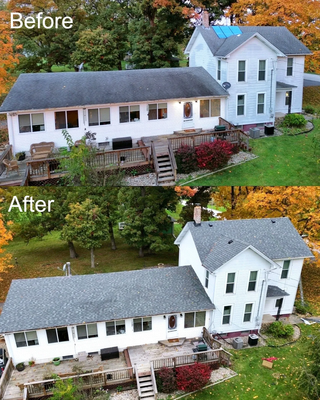 A before and after picture of a house with a new roof.