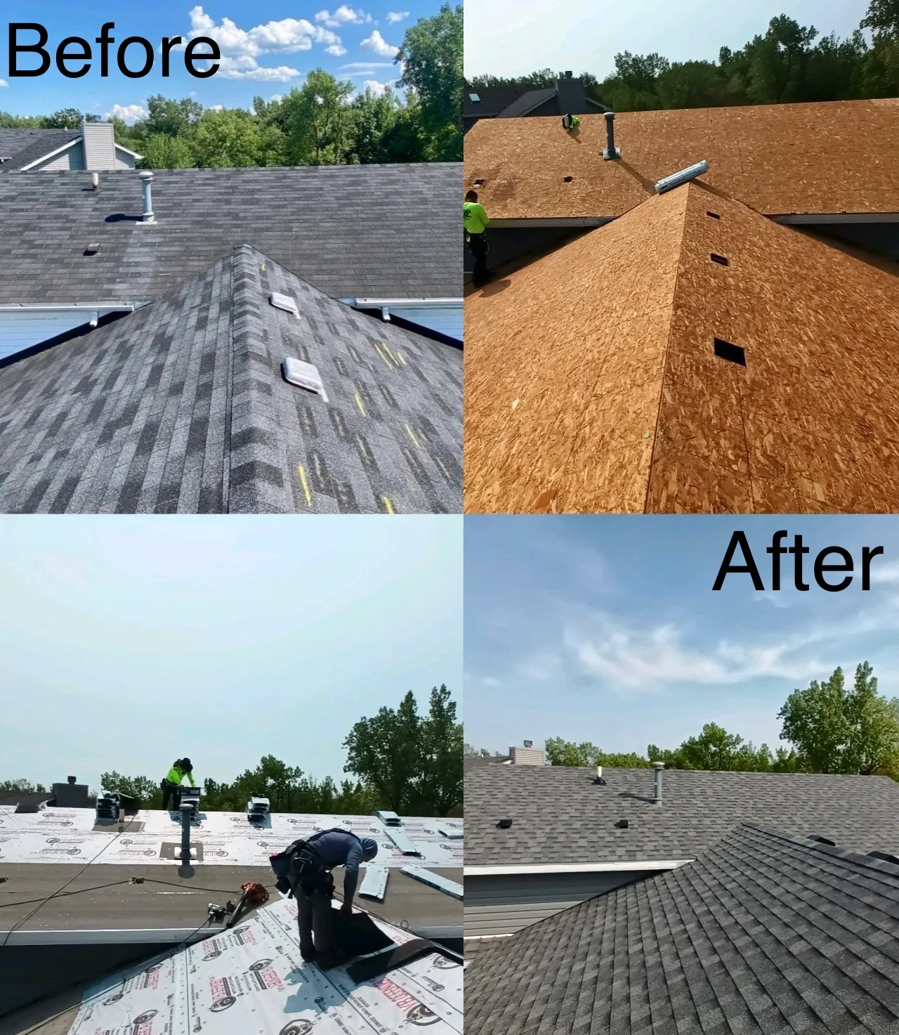 A collage of before and after pictures of a roof