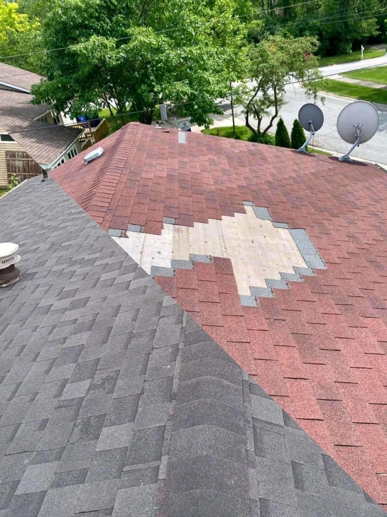 A picture of a roof before and after being repaired.