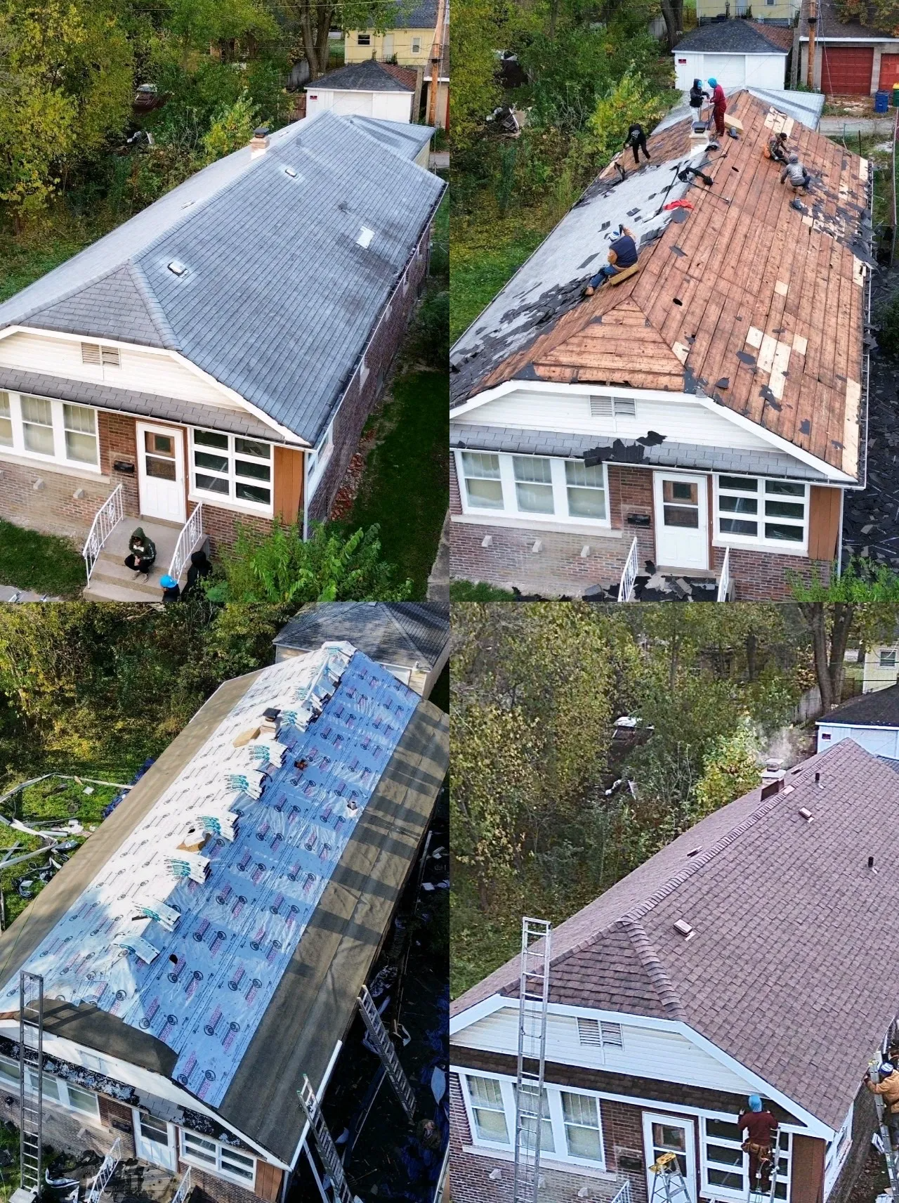 A collage of four pictures of a house being remodeled