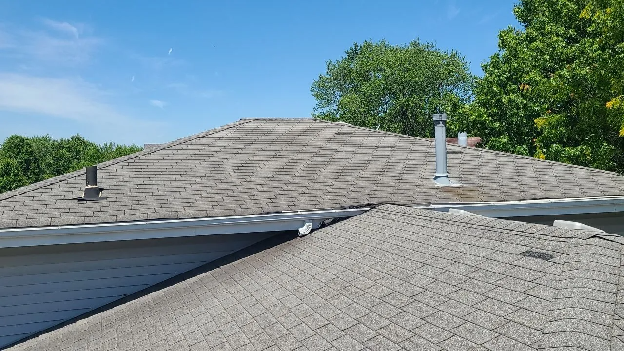 A roof with a chimney on it and trees in the background.