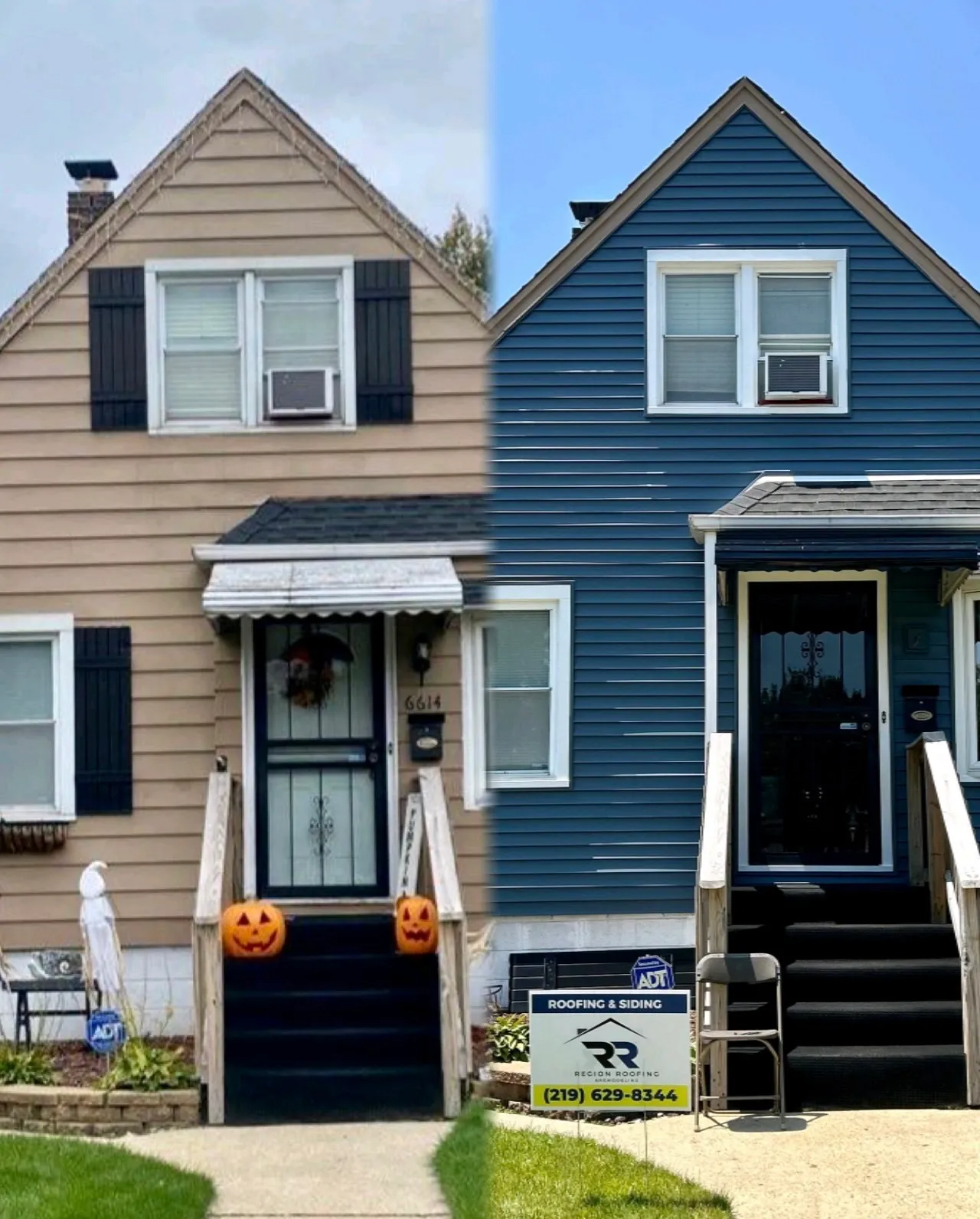 A before and after photo of a house with a blue siding