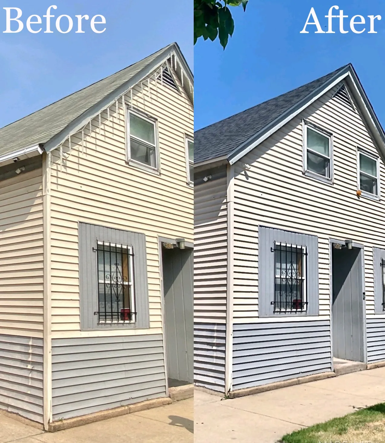 A picture of a house before and after being painted