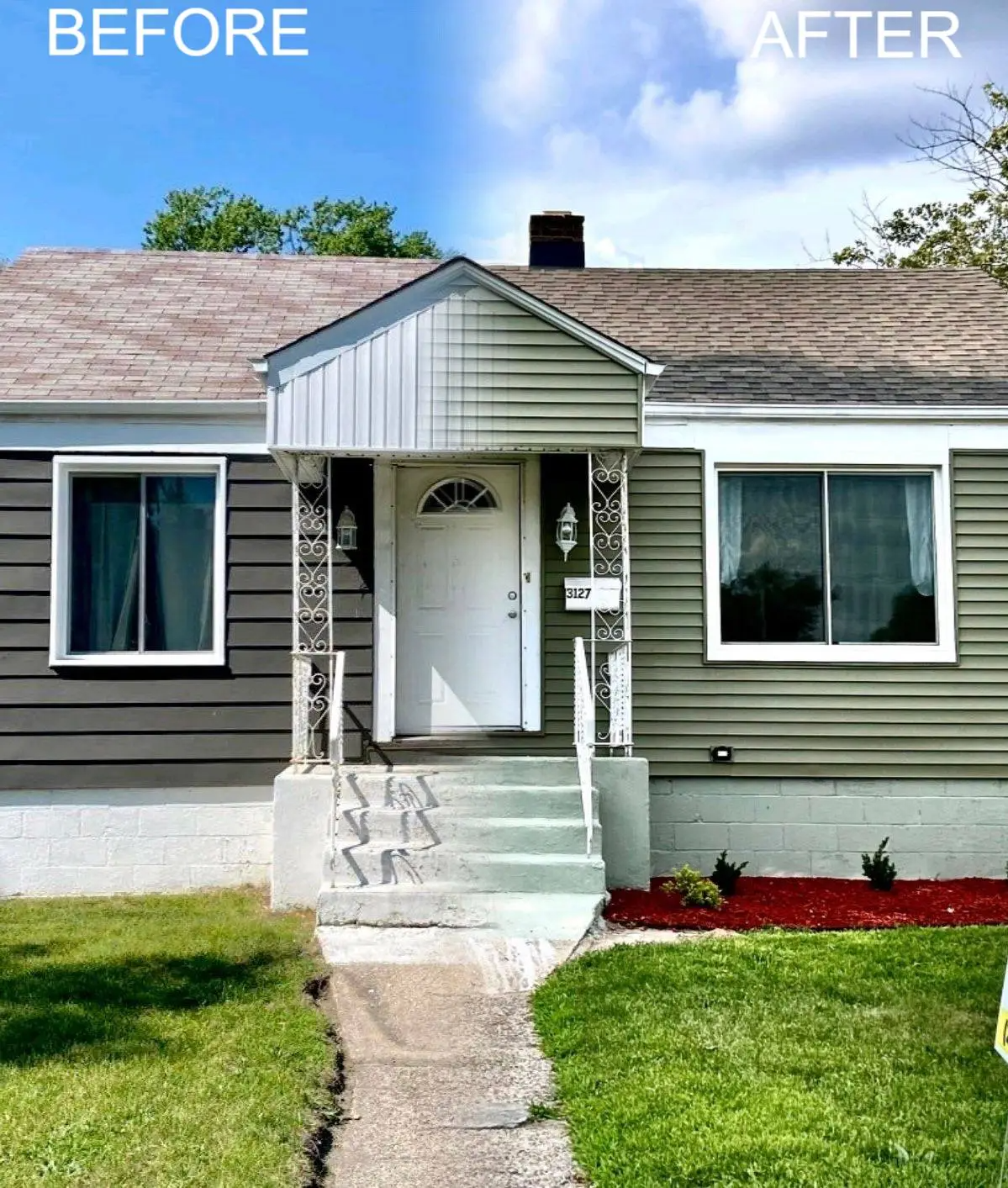 A picture of a house before and after being painted