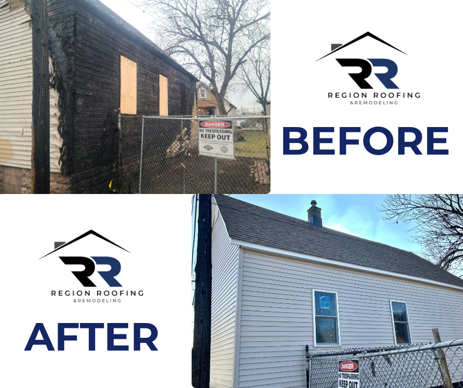 A before and after picture of a house with a roof.