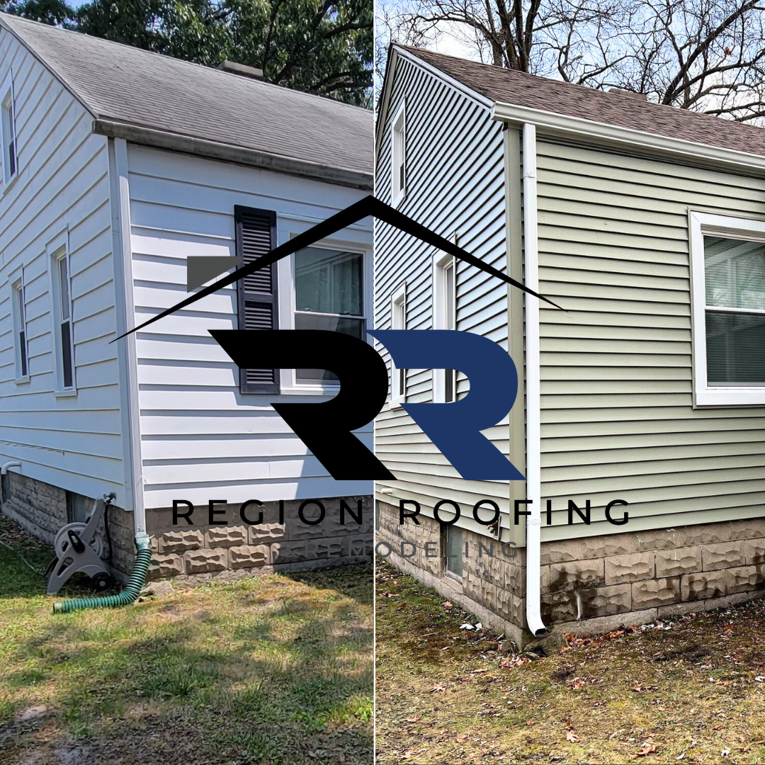 A before and after picture of a house with a logo for region roofing.