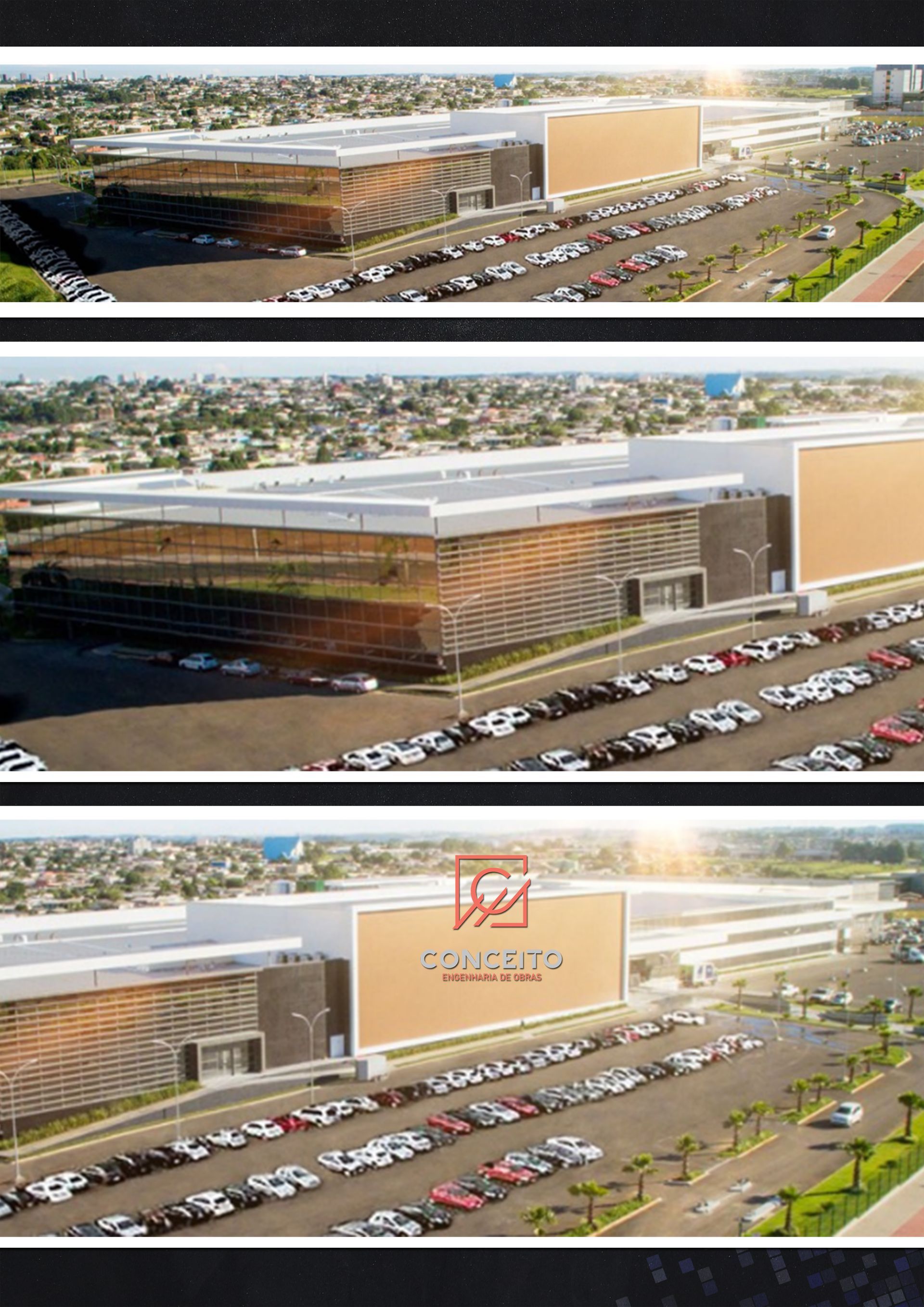 Uma vista aérea de um shopping com carros estacionados na frente dele.