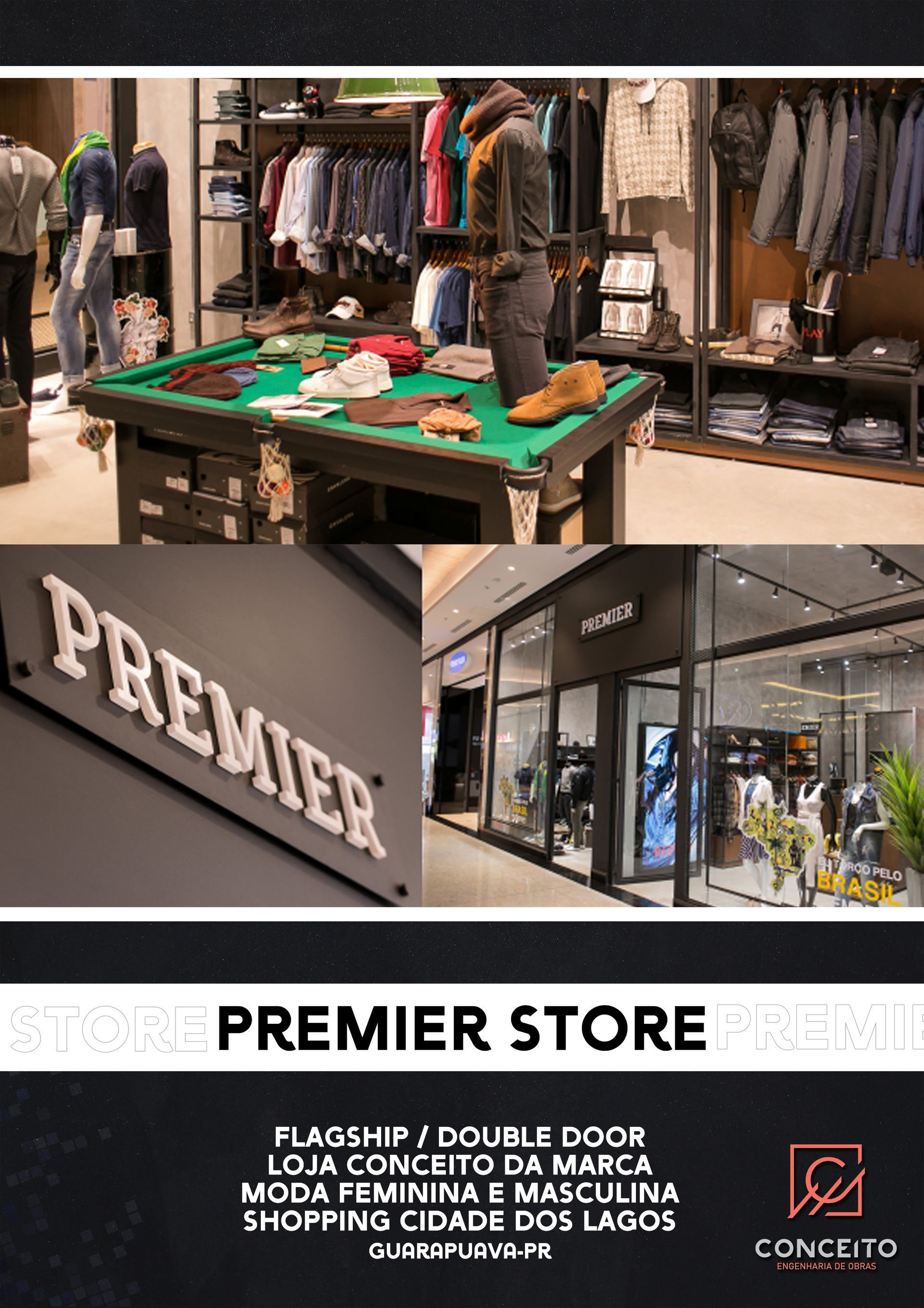 Uma mesa de sinuca está no meio de uma loja de roupas.