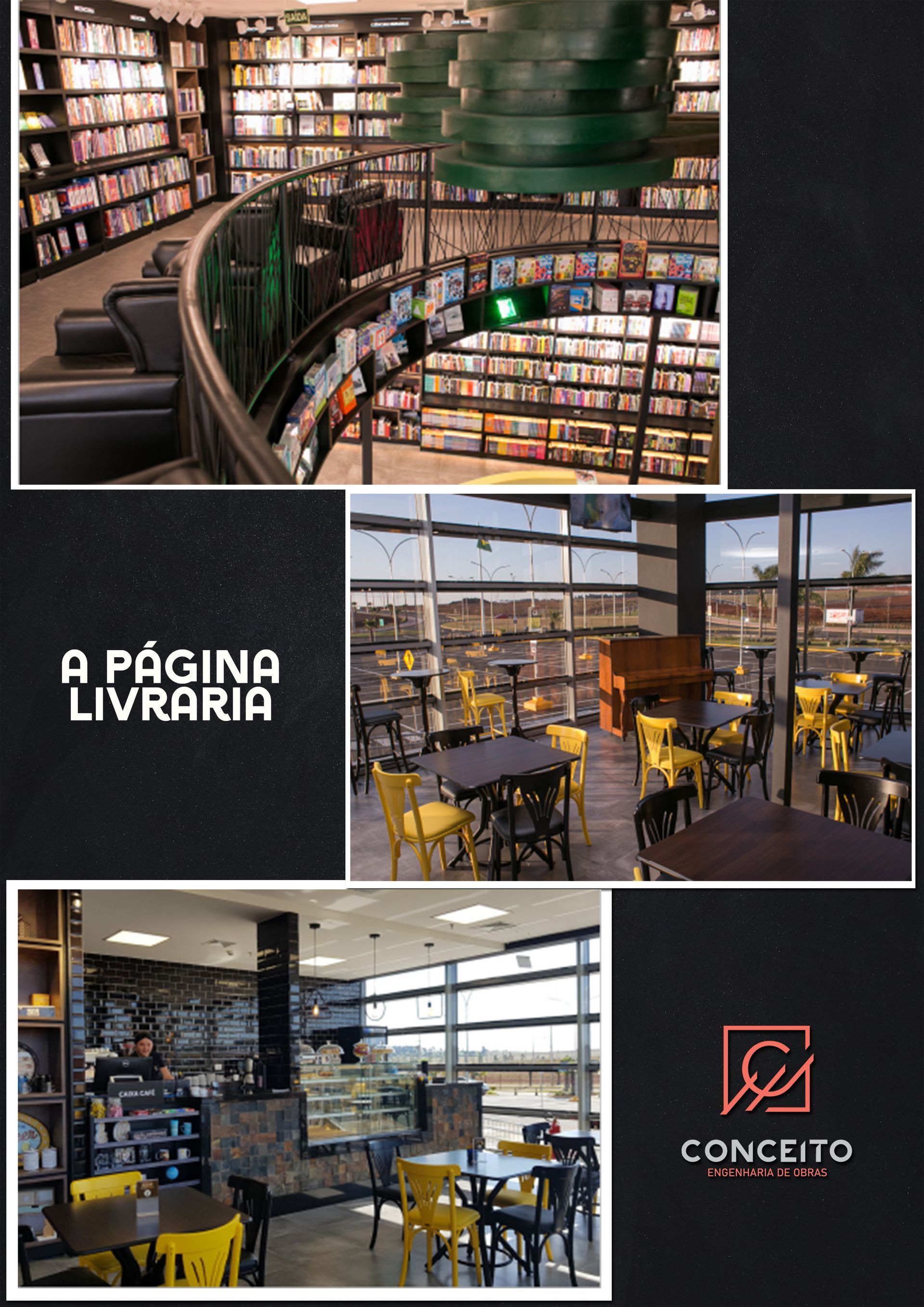 Uma colagem de fotos de uma livraria com mesas e cadeiras