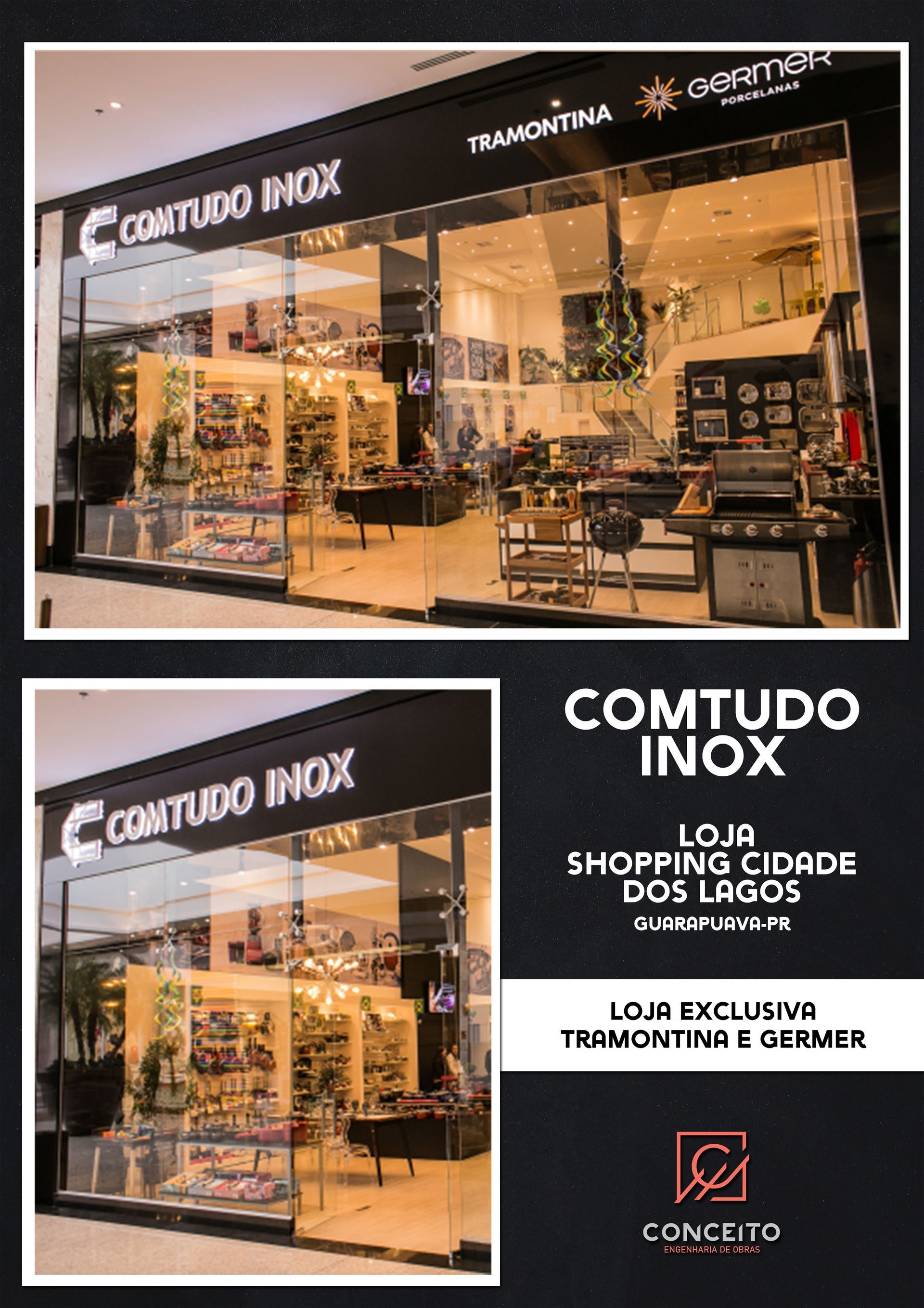 Uma foto da fachada de uma loja com uma placa que diz comtudo inox.