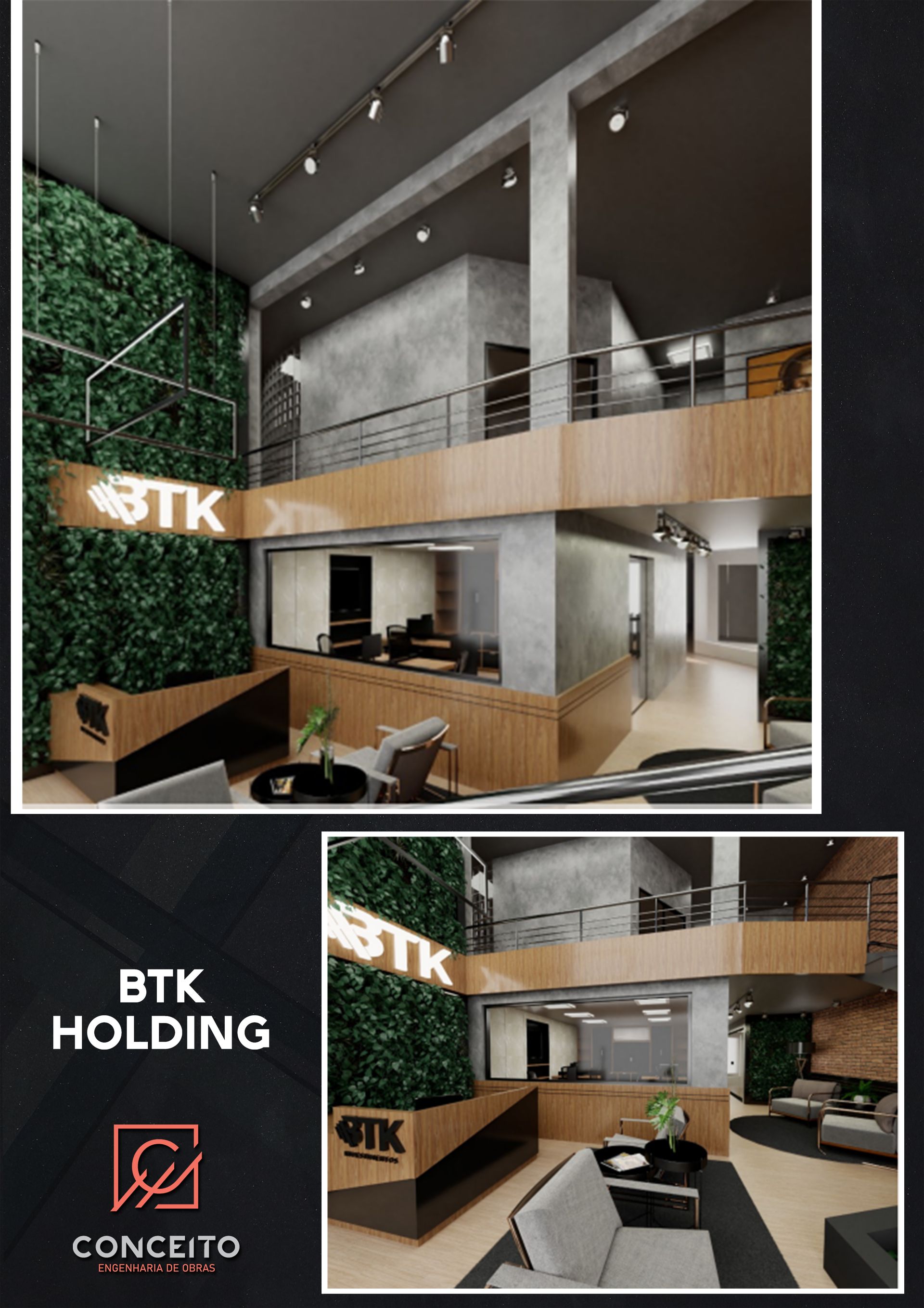 Uma foto de uma sala de estar com uma parede verde e uma placa que diz btk holding.