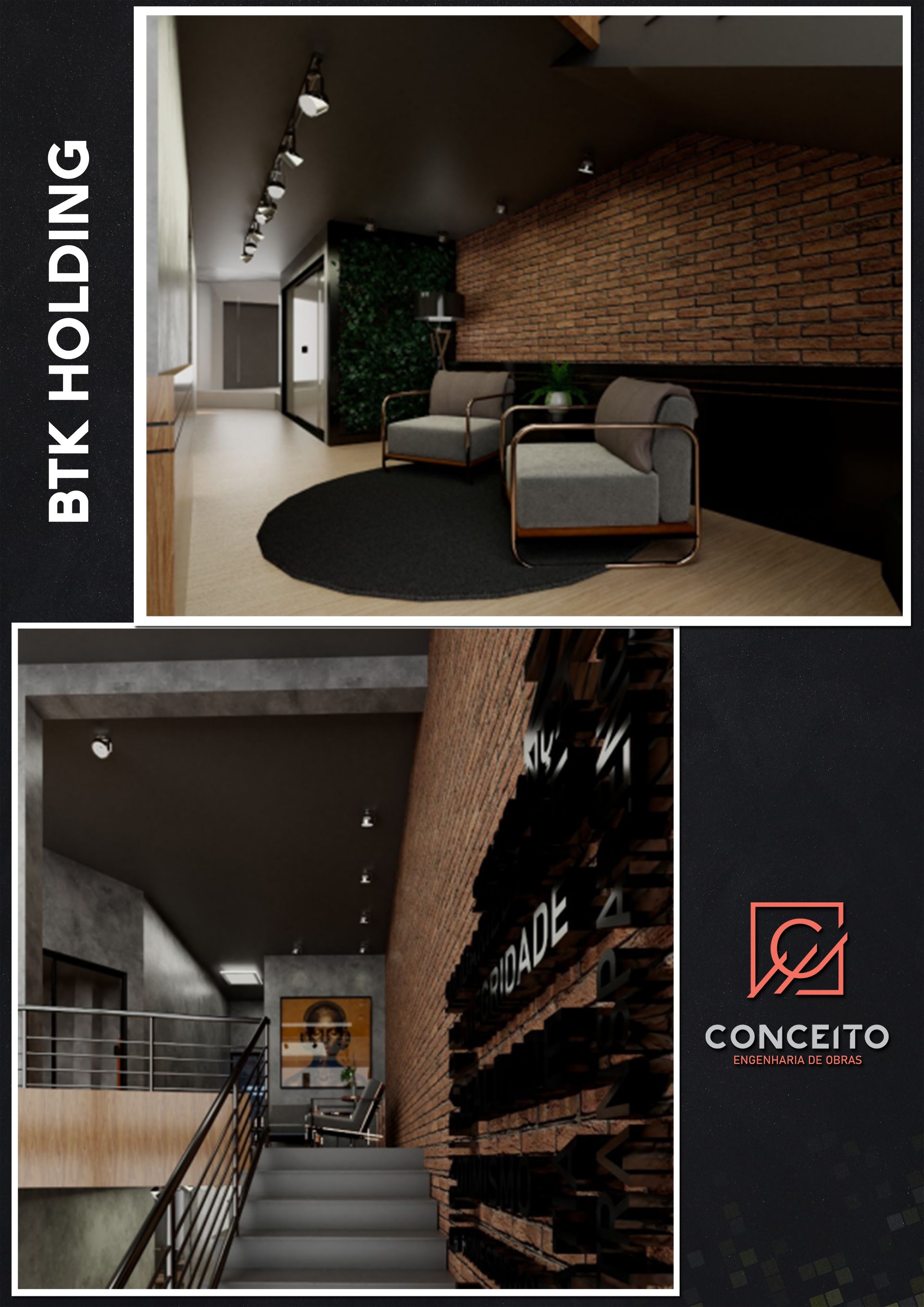 Uma colagem de fotos de uma sala de estar e escadas