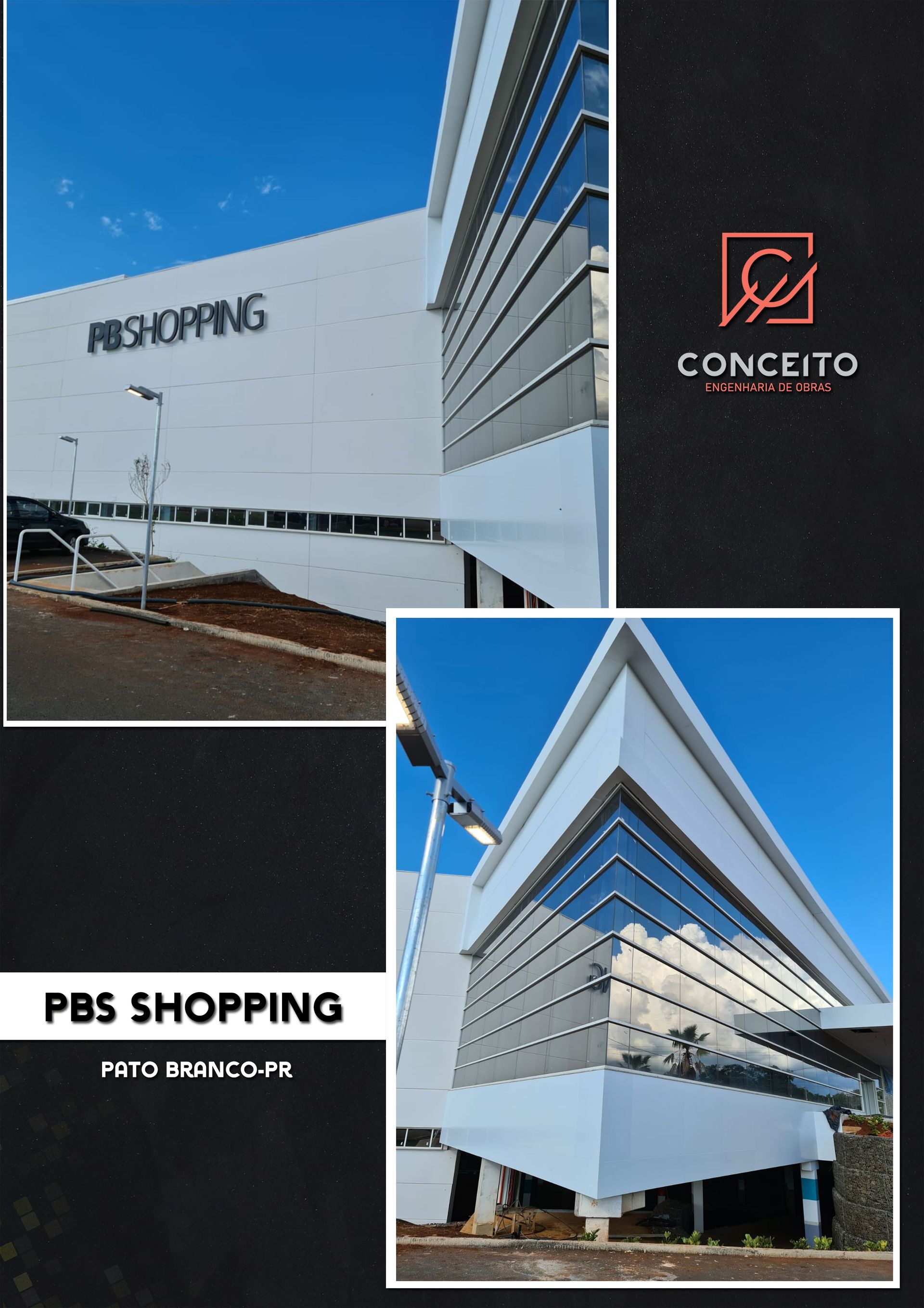 Uma colagem de três fotos de um prédio com a palavra compras nela.