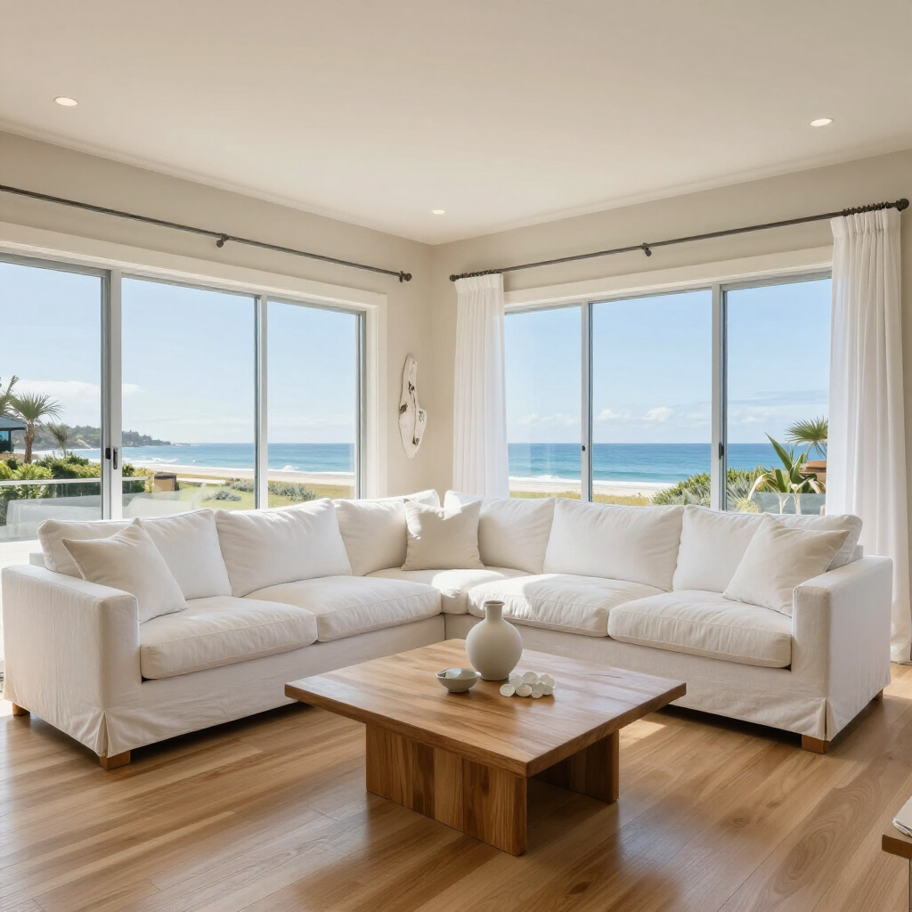 A modern living room with a large white sectional sofa and wooden coffee table, facing windows with a view of the ocean.