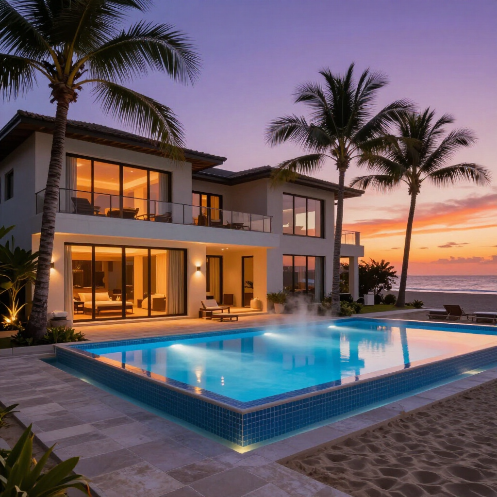 A two-story luxury beachfront home with a lit swimming pool at sunset, featuring palm trees and a view of the ocean.