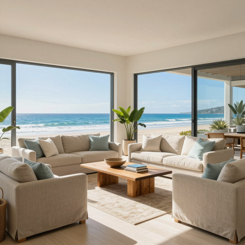 A bright, minimalist living room with beige sofas, a wooden coffee table, and large windows overlooking the ocean.