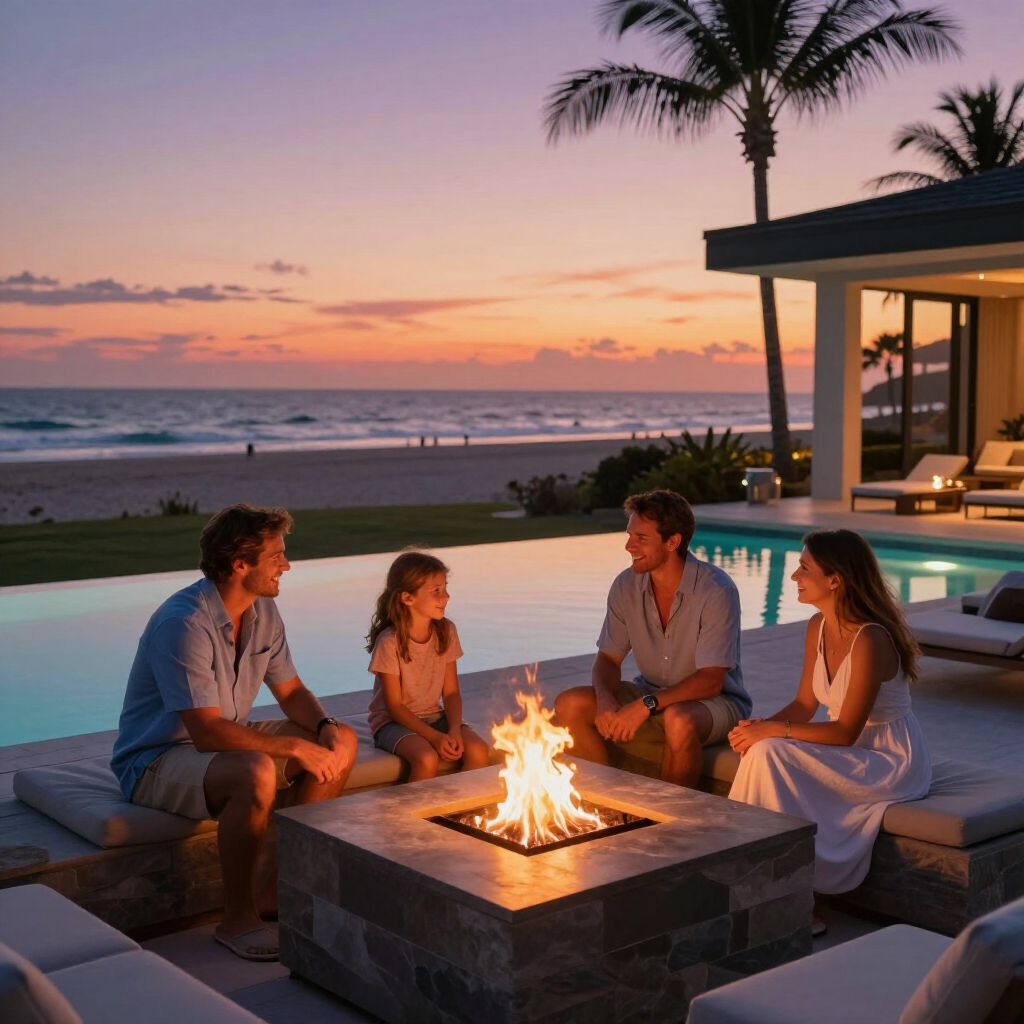 A family sits around a square stone fire pit by an infinity pool overlooking a beach at sunset.