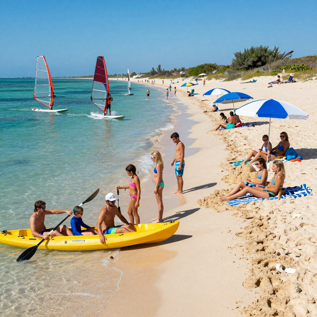 People enjoy a sunny beach with kayaks, windsurfers, and sunbathers under blue and white umbrellas.