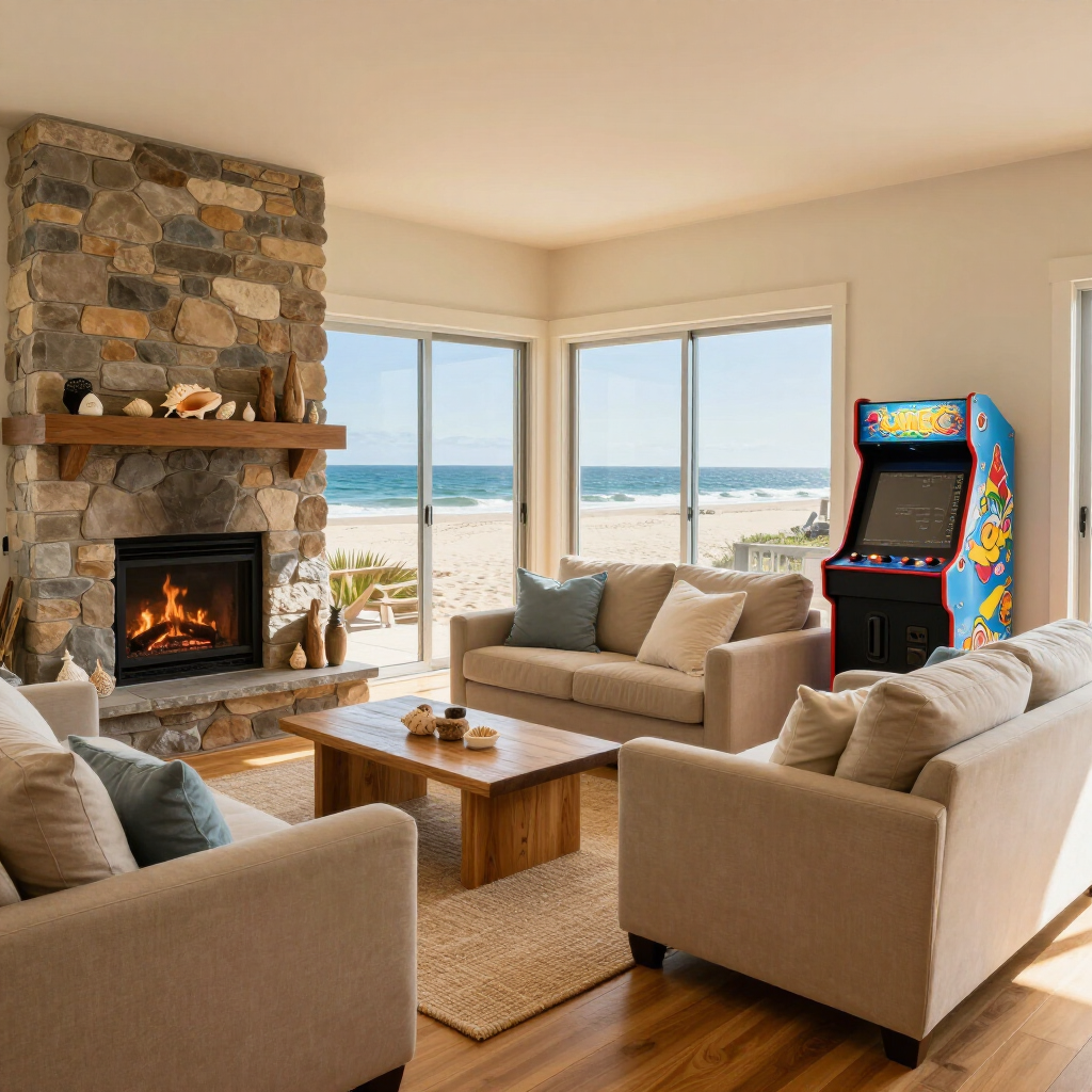 A cozy beachfront living room with a stone fireplace, neutral couches, a wooden coffee table, and an arcade game.