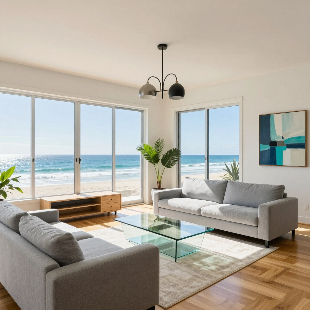 A bright living room with two gray sofas, a glass coffee table, and large windows offering a scenic ocean view.