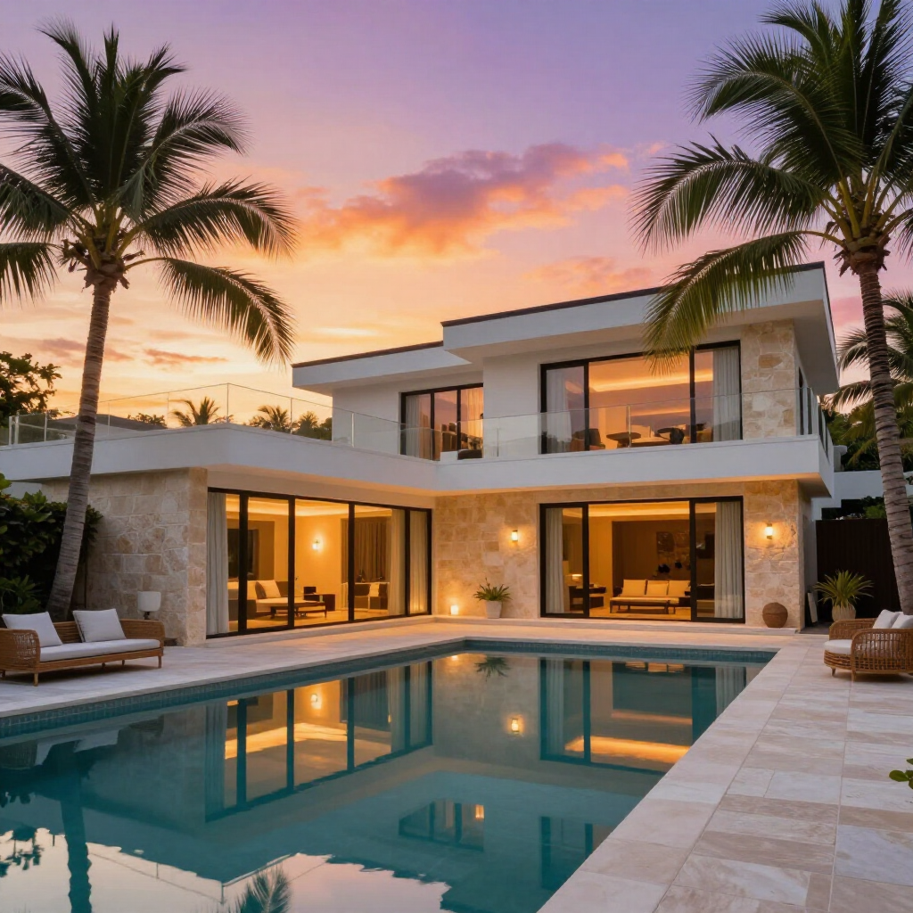 A modern two-story home with a swimming pool at sunset, featuring stone exterior walls and large glass doors.