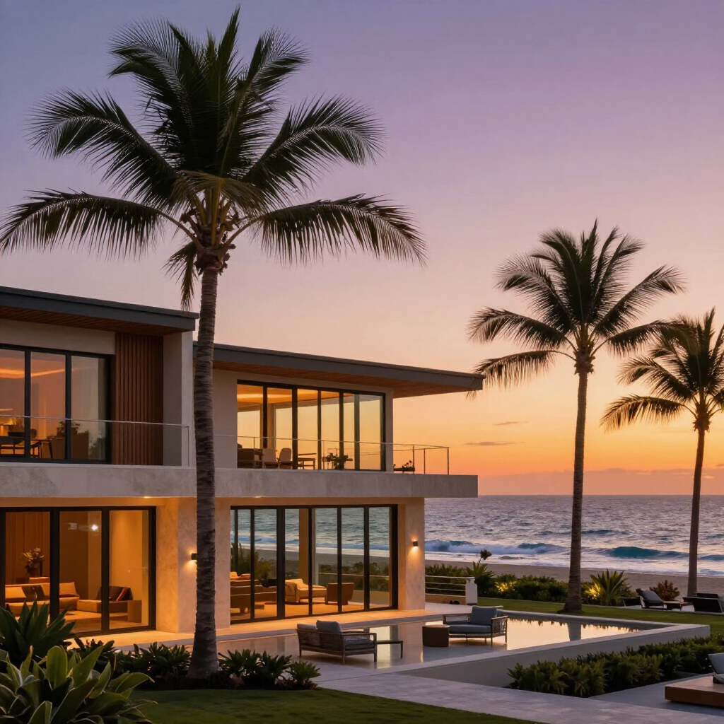 A modern two-story beachfront villa with large glass windows, a swimming pool, and palm trees at sunset.