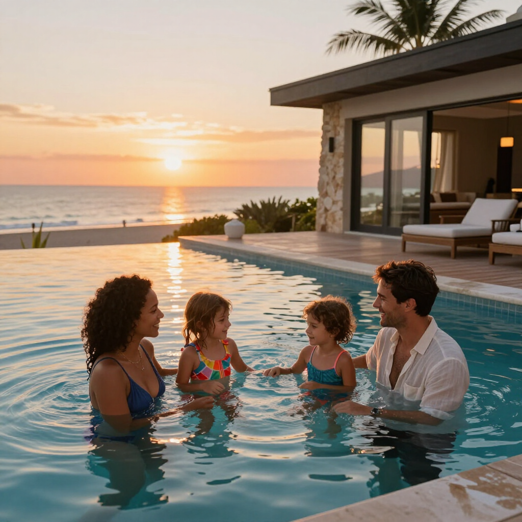 A family smiling and swimming in an infinity pool at sunset, with a beach house in the background.