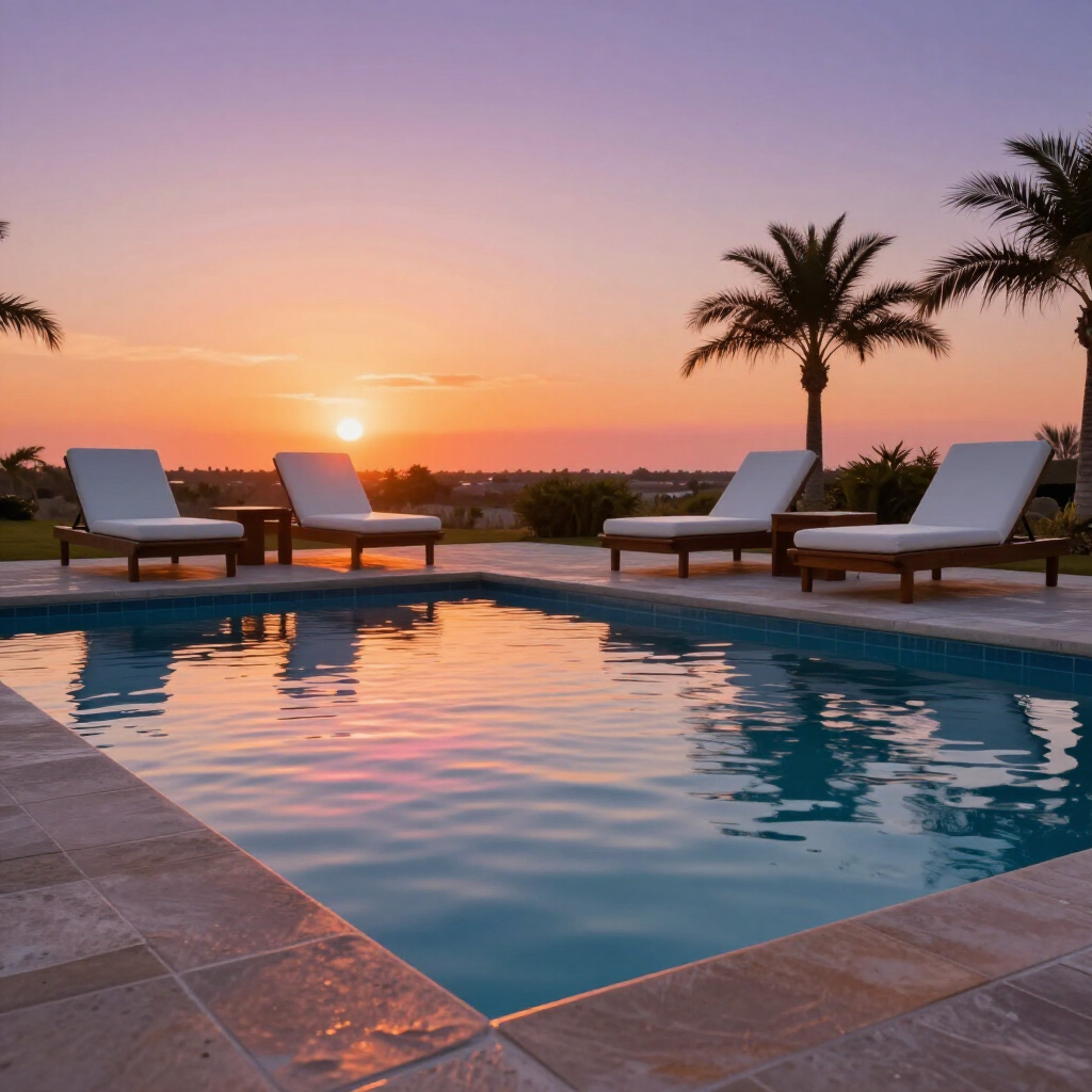 Four white lounge chairs poolside at sunset with a warm orange glow and palm trees against a purple sky.