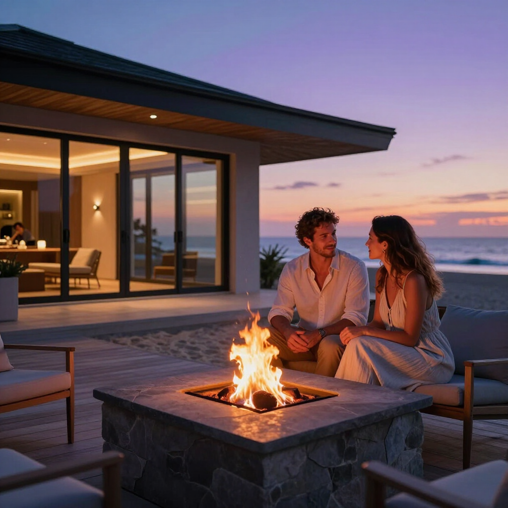 A couple sits by a stone fire pit on a beach patio during sunset, with a modern house visible in the background.