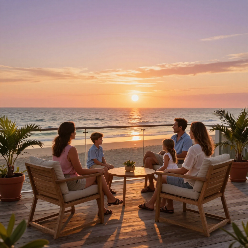 A family sits on an outdoor deck overlooking the ocean at sunset, enjoying the view together.