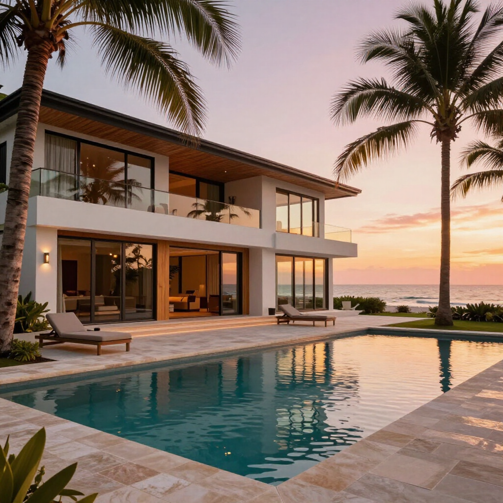 Modern beach house with a pool and palm trees at sunset by the ocean.
