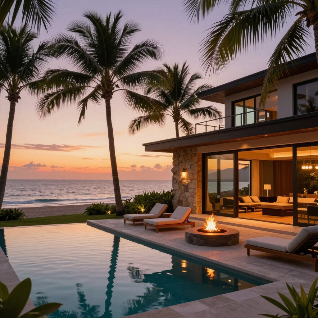 A luxury beach house at sunset with an infinity pool, outdoor lounge area, fire pit, and palm trees overlooking the ocean.