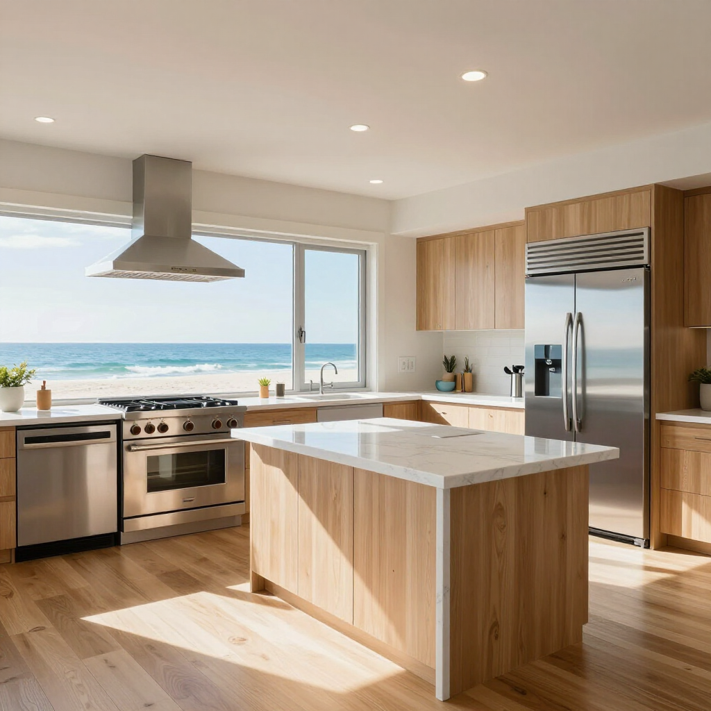 Modern, light-wood kitchen with stainless steel appliances and a center island overlooking a sunny beach and ocean view.