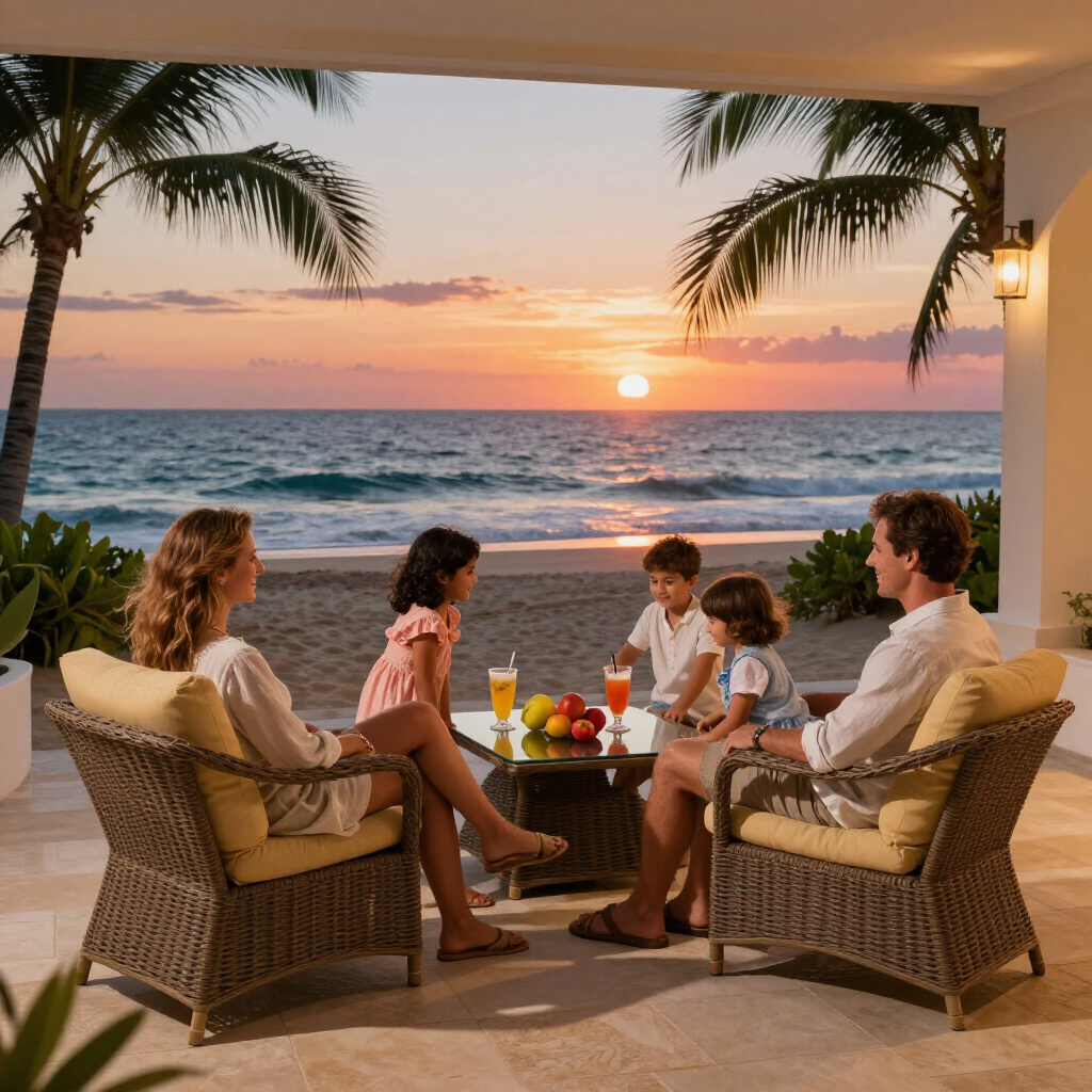 A family sits on a patio at sunset, enjoying drinks by a beach with palm trees in the background.