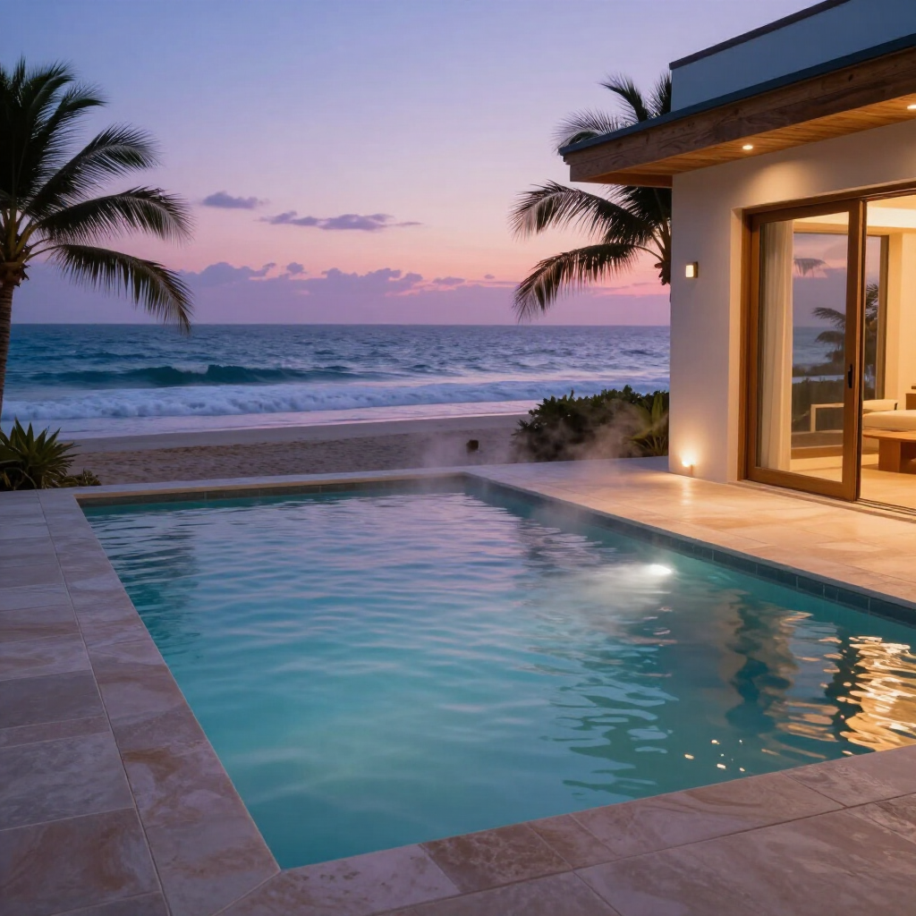 A sunset view of a turquoise swimming pool beside a modern villa on a sandy beach, with palm trees under a purple sky.