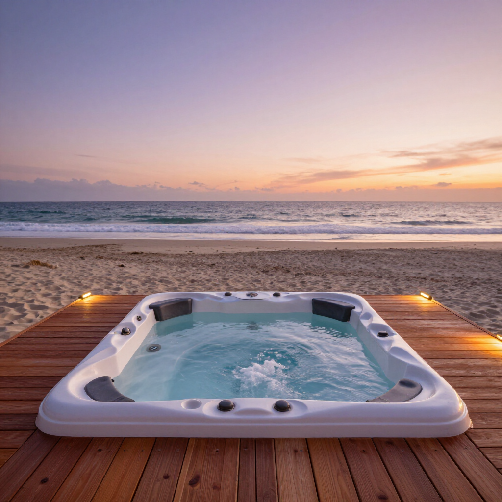 A white hot tub sits on a wooden deck on a sandy beach at sunset, overlooking the ocean.