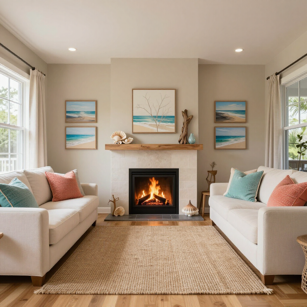 A bright, coastal-style living room with two white sofas facing a central stone fireplace under a wooden mantel.