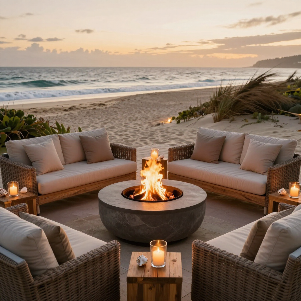 Outdoor patio with wicker sofas and chairs arranged around a circular stone fire pit at sunset on a sandy beach.